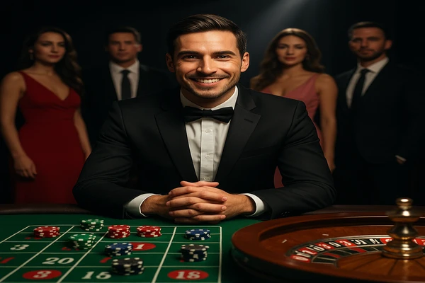 নিয়ন আলোয় আলোকিত আধুনিক ক্যাসিনো পরিবেশে নান্দনিক উপস্থাপনা