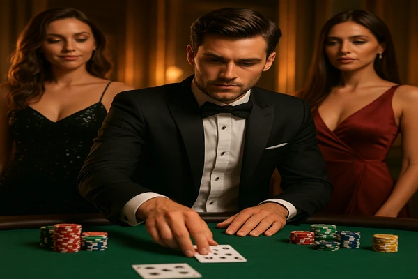 একজন নারী ল্যাপটপে অনলাইন গেম খেলছেন; চারদিকে আলোকোজ্জ্বল ক্যাসিনো পরিবেশ প্রকাশ পাচ্ছে