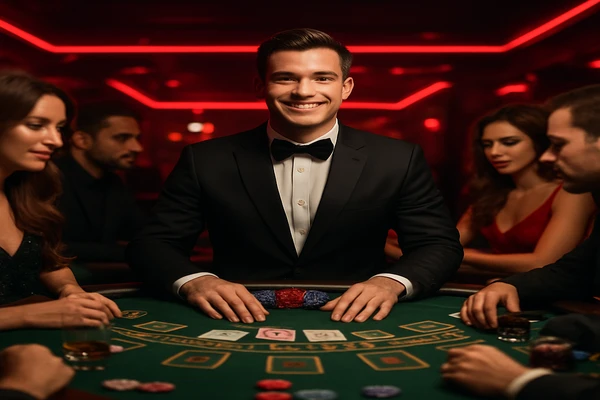 একজন পুরুষ অনলাইন গেমে জয় উদযাপন করছেন; চারদিকে গেমিং প্রতীকেরা ভেসে উঠছে