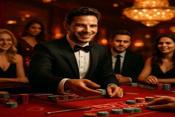 উজ্জ্বল আলোয় ভরা গেমিং পরিবেশে একজন আত্মবিশ্বাসী ডিলার ব্যবহারকারীদের 666bd অ্যাকাউন্টে নিরাপদ প্রবেশের জন্য আহবান জানাচ্ছেন।